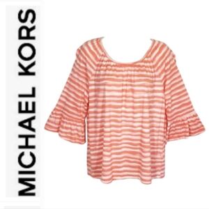 Michael Michael Kors Scoop Neck Ruffle Sleeve Top in Coral Stripe Sz M